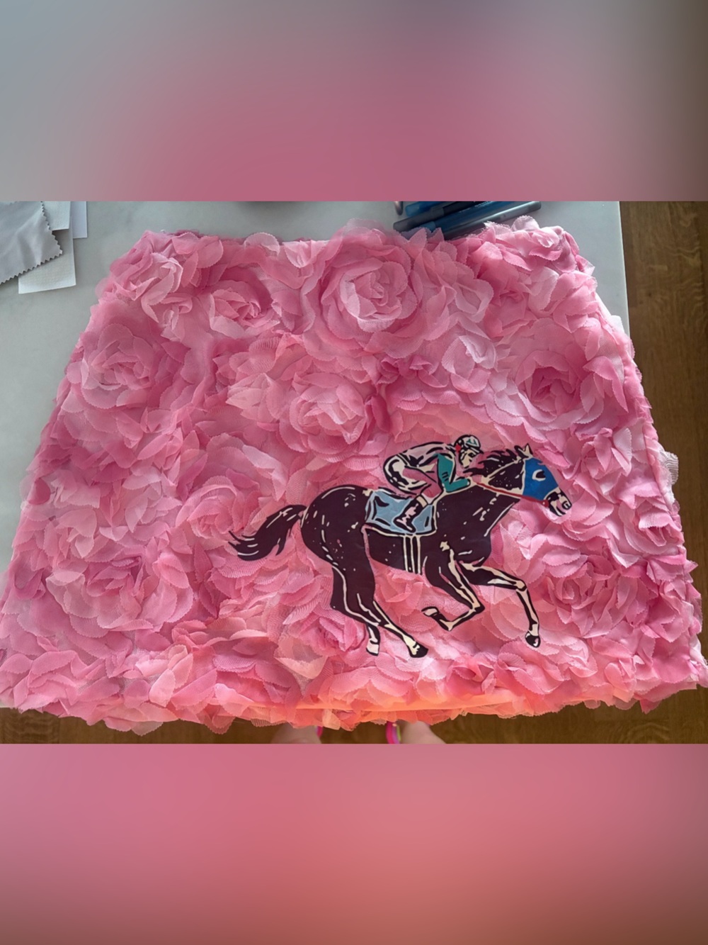 Judith March Pink Floral Appliqué Mini Skirt with Horse Graphic